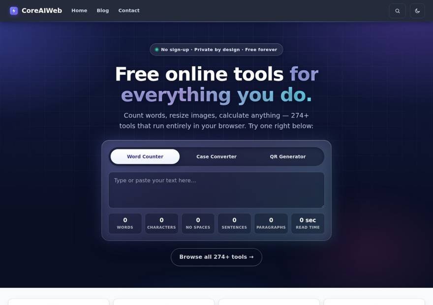 CoreAIWeb website homepage design — Our Own Product